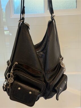 Black Leather Multi-Pocket Shoulder, backpack Bag - Unbranded